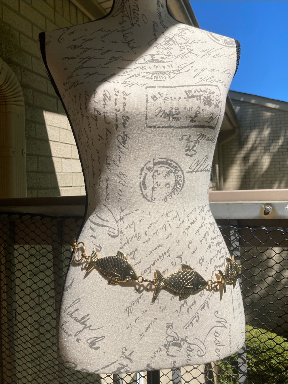 Vintage Anne Klein Fish Link Statement Belt Gold Metal Concho Belt w Large Fish